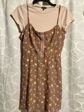 Brown Floral Plaid Layered Dress with Beige Tee